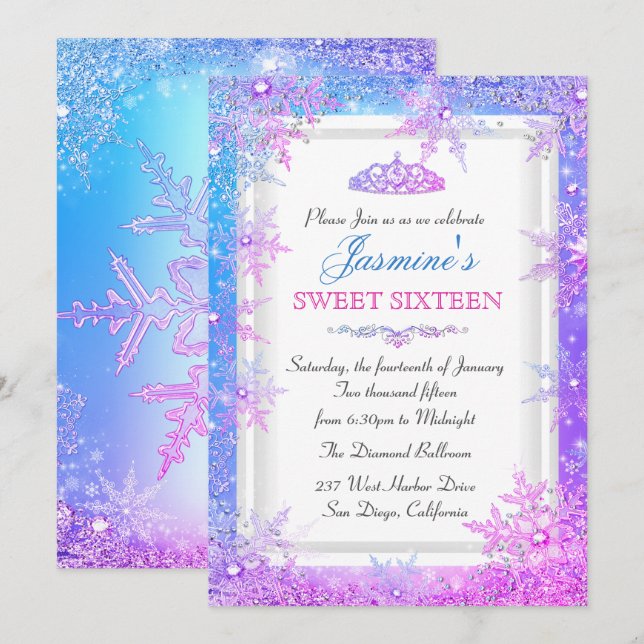 Invitation Bleu rose violet hiver Wonderland Sweet 16 Invitat (Devant / Derrière)