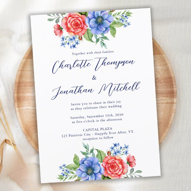 Invitation Bleu Rouge Floral 4 Juillet Mariage patriotique (Créateur téléchargé)