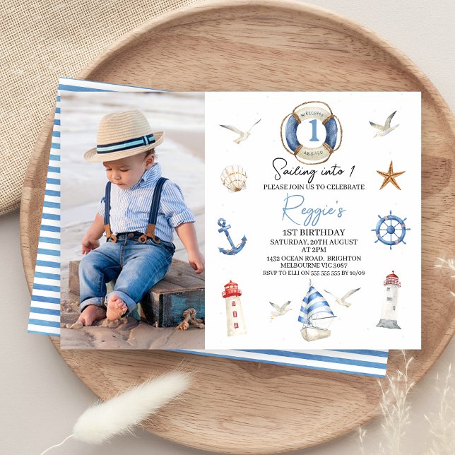 Invitation Bleu rouge moderne voile dans Nautique 1er anniver (Nautical Sailing into One 1st Birthday Invitation Boy Sailing Boat Party Invite Editable Blue White)