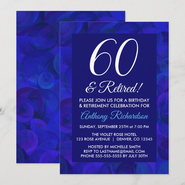 Invitation Bleu Royal 60 et Fête de retraite à la retraite (Devant / Derrière)