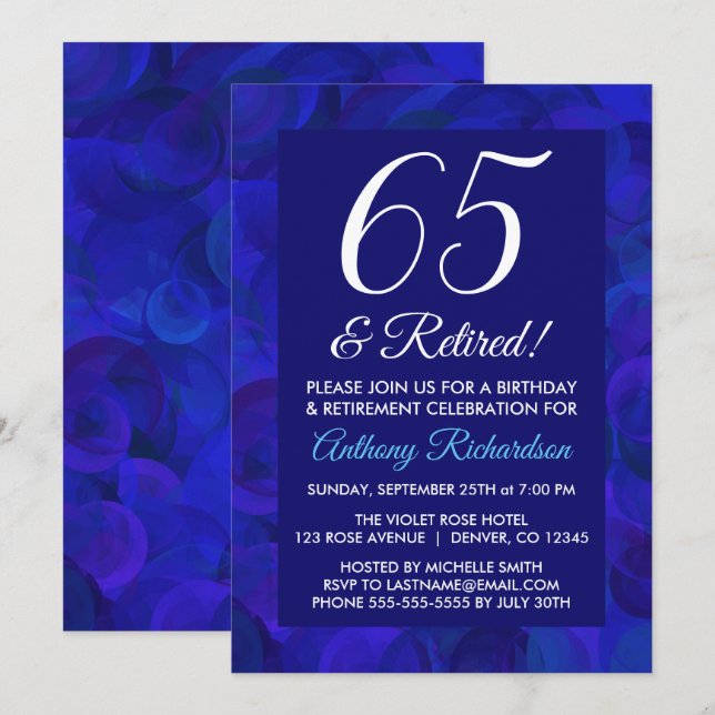 Invitation Bleu Royal 65 et Fête de Retraite de Retraité (Devant / Derrière)