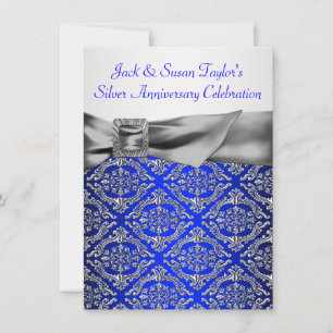 Invitation Bleu Royal Argent Damassé Argent 25ème Anniversair