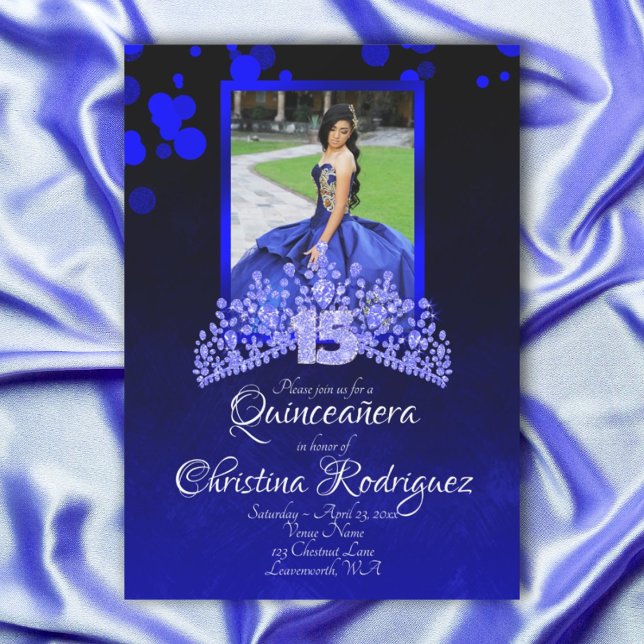 Invitation Bleu Royal, Bleu clair Tiara Rhineston Quinceanera (Royal blue, light blue rhinestones tiara, blue glitter 15 quinceanera invitation)