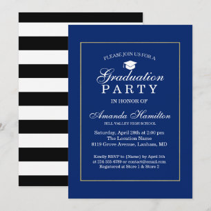 Invitation Bleu royal Cadre doré Moderne Classique Diplôme