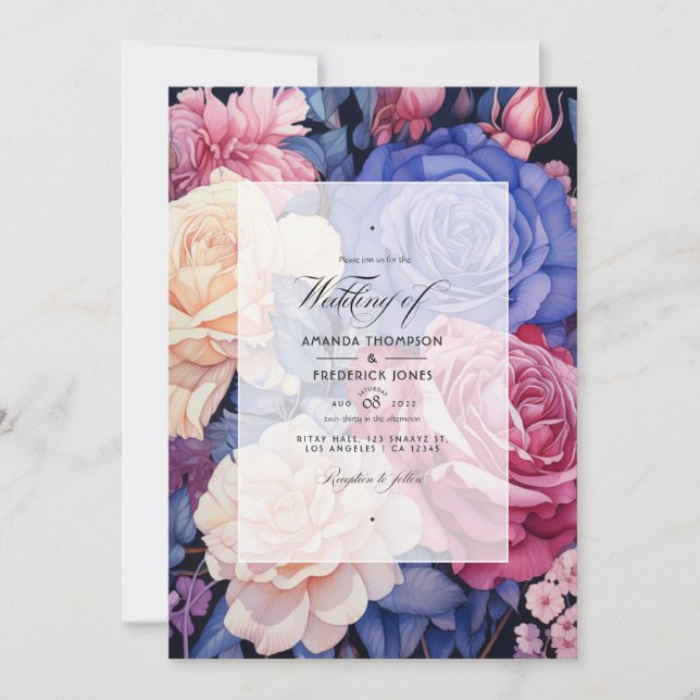 Invitation Bleu Royal, Champagne, Rose crème & Mariage Mauve (Devant)