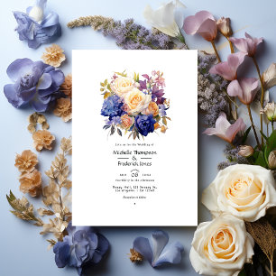 Invitation Bleu Royal, Champagne, Rose crème & Mariage Mauve