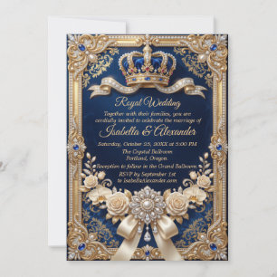 Invitation Bleu Royal Couronne Perle Luxe Élégant