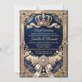 Invitation Bleu Royal Couronne Perle Luxe Élégant