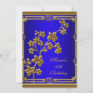 Invitation Bleu Royal Élégant 40e Fête d'Anniversaire Noir Or