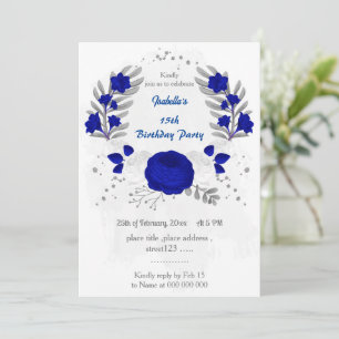 Invitation bleu royal et fleurs blanches argent
