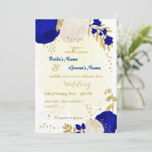 Invitation bleu royal et fleurs blanches or mariage botanique