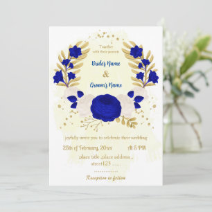 Invitation bleu royal et fleurs blanches or mariage botanique