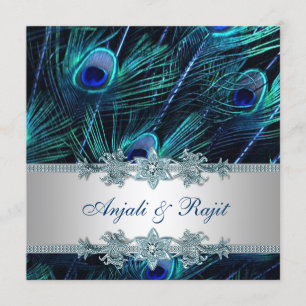 Invitation Bleu royal et mariage argenté de paon de bleu