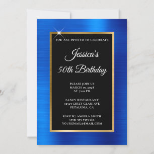 Invitation Bleu Royal et Or Feuille Noir 50e Anniversaire
