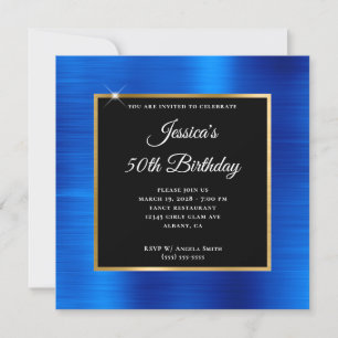 Invitation Bleu Royal Feuille D'Or et Noir 50e Anniversaire