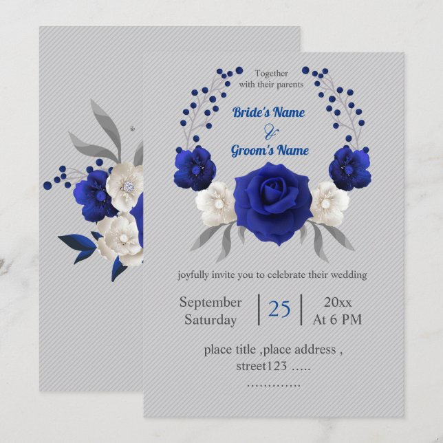 Invitation bleu royal fleurs blanches argent gris mariage (Devant / Derrière)