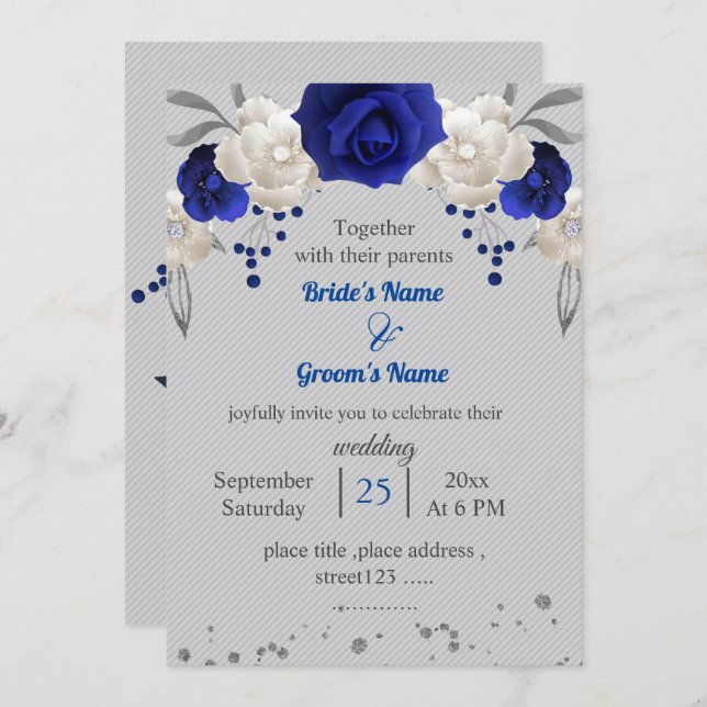 Invitation bleu royal fleurs blanches feuille gris mariage (Devant / Derrière)