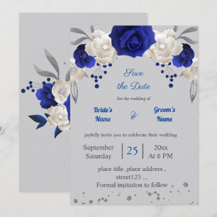 Invitation bleu royal fleurs blanches gris feuilles enregistr