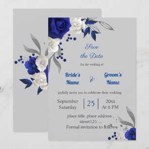 Invitation bleu royal fleurs blanches gris feuilles enregistr