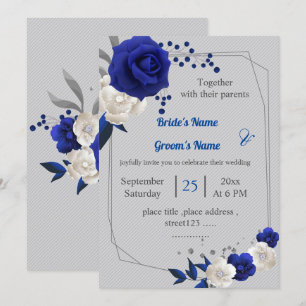 Invitation bleu royal fleurs blanches mariage géométrique