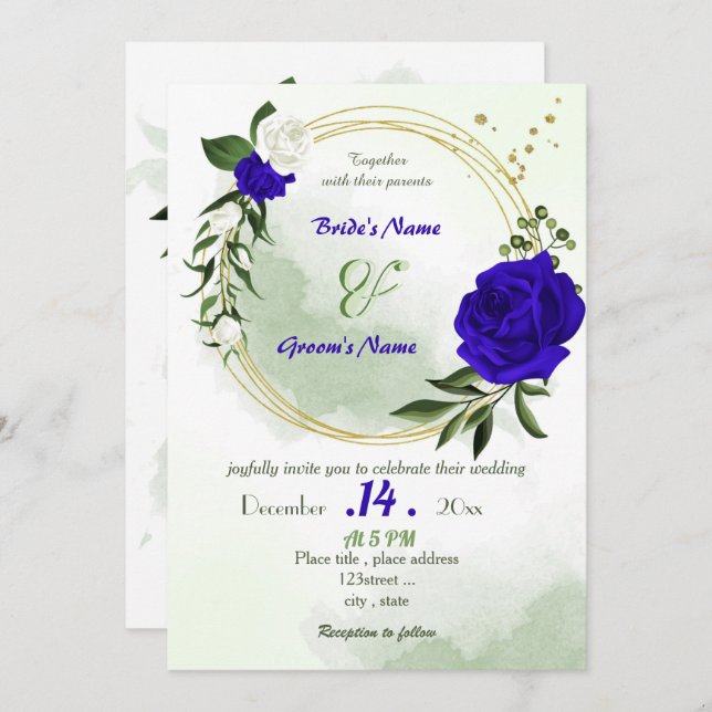 Invitation bleu royal fleurs blanches or mariage (Devant / Derrière)
