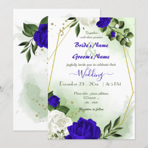 Invitation bleu royal fleurs blanches or mariage géométrique