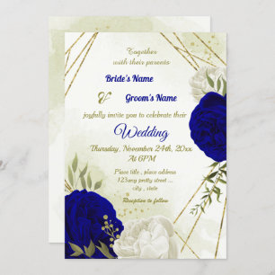 Invitation bleu royal fleurs blanches vert feuille mariage