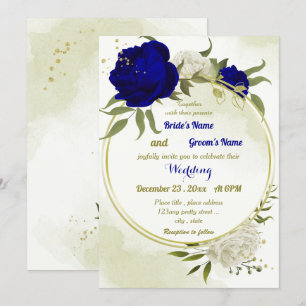 Invitation bleu royal fleurs blanches vert feuille mariage