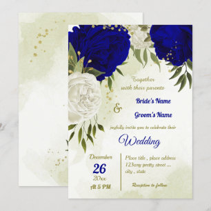 Invitation bleu royal fleurs blanches vert feuille mariage