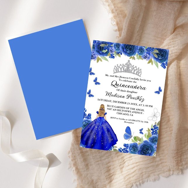 Invitation Bleu Royal Floral Butterfly Quinceanera (Créateur téléchargé)