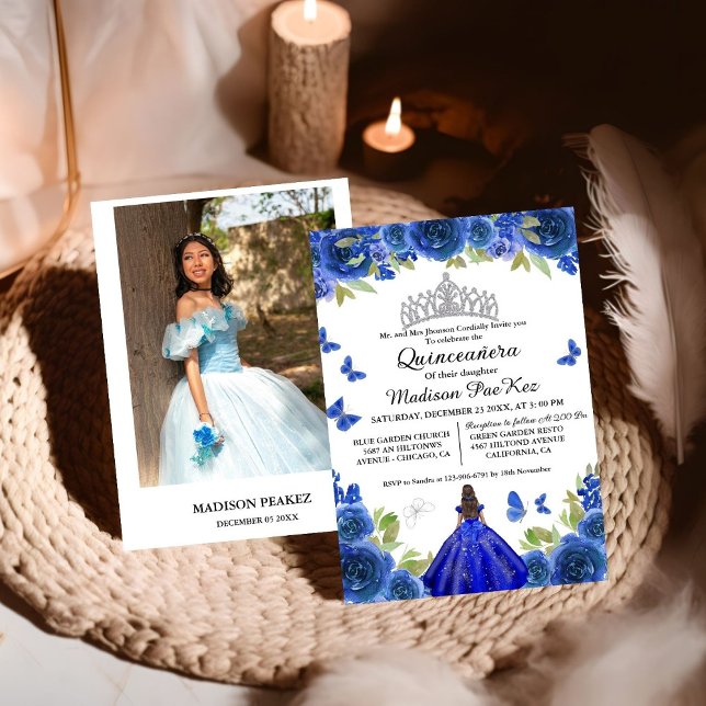 Invitation Bleu Royal Floral Butterfly Quinceanera (Créateur téléchargé)