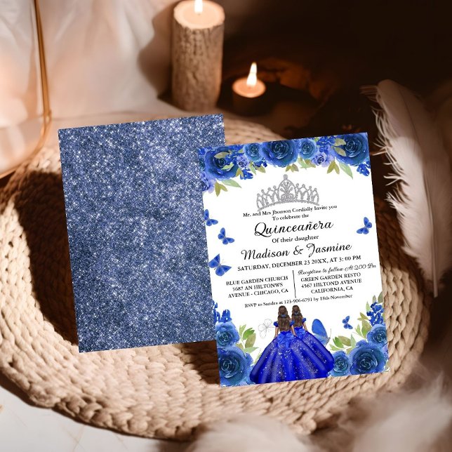 Invitation Bleu Royal Floral Papillon jumeau Quinceanera (Créateur téléchargé)