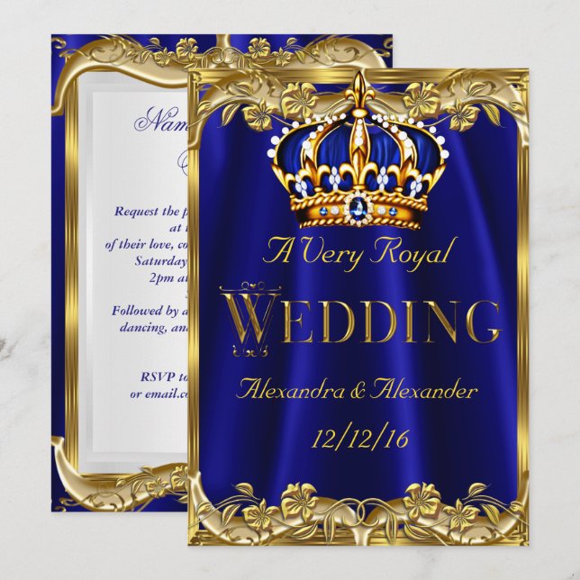 Invitation Bleu Royal Marine Couronne de Mariage Or 3 (Devant / Derrière)