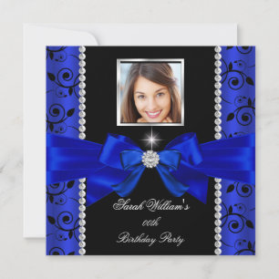 Invitation Bleu Royal Nœud Damassé Anniversaire Photo Argenté