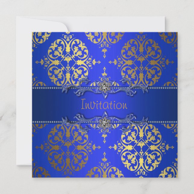 Invitation Bleu Royal Or Damassé Fête en Toute Occasion (Devant)