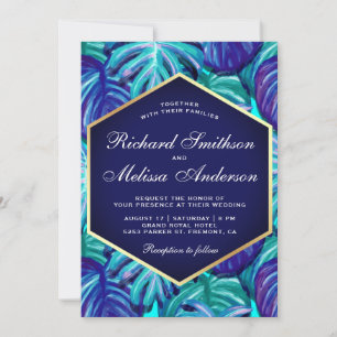 Invitation Bleu Royal Turquoise Or Feuille Tropicale Mariage