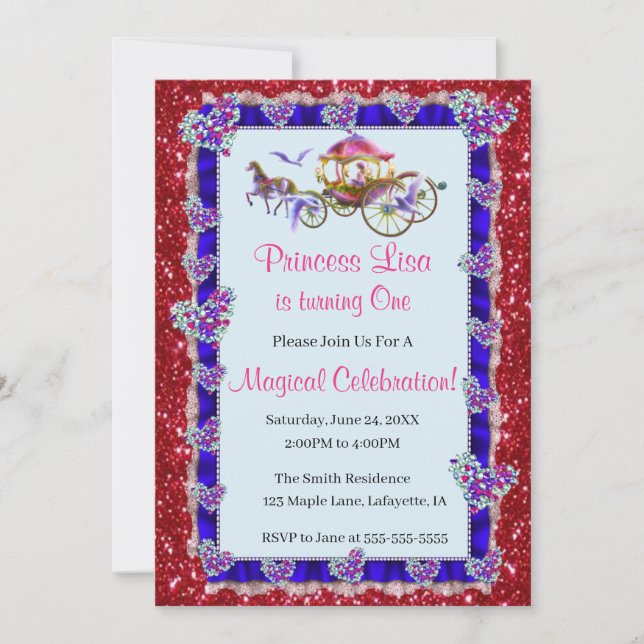 Invitation Bleu Ruban Rouge Parties scintillant Royal Princes (Devant)