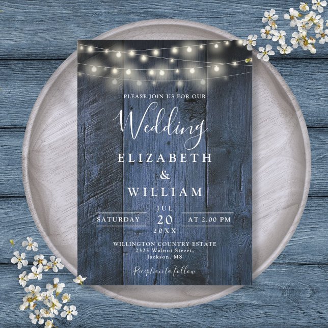 Invitation Bleu Rustique Barne Bois Chaîne Mariage (Blue Rustic Barn Wood String Lights Wedding Invitation)