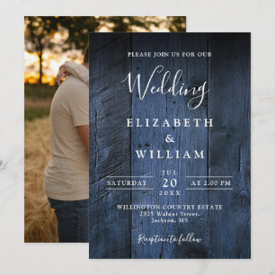 Invitation Bleu Rustique Boho Grange Bois Mariage photo