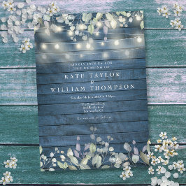 Invitation Bleu Rustique Bois Chaîne Lumières Verdure Mariage