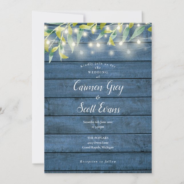 Invitation Bleu Rustique Bois Eucalyptus Mariage (Devant)