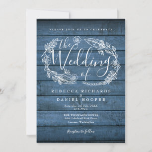 Invitation Bleu Rustique Bois Floral Garland Script Mariage
