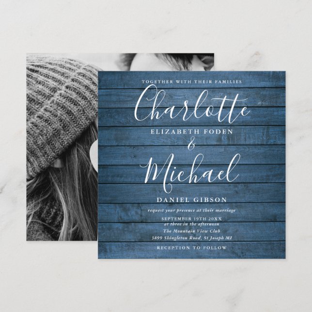 Invitation Bleu Rustique Bois Signature Script Mariage Photo (Devant / Derrière)