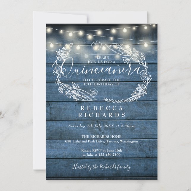 Invitation Bleu Rustique Chaîne de bois Lumières Quinceañera  (Devant)