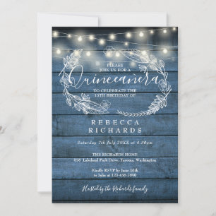 Invitation Bleu Rustique Chaîne de bois Lumières Quinceañera 