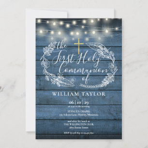 Invitation Bleu Rustique Chaîne Lumières Foliage Première com