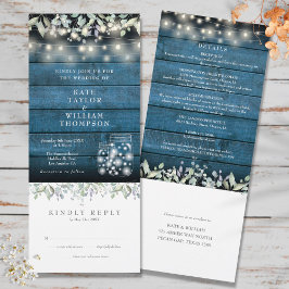 Invitation Bleu Rustique Feuilles Mason Tout En Un Mariage