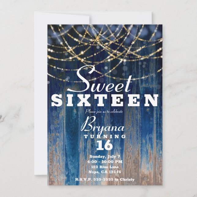 Invitation Bleu Rustique Grange Côtière Bois Bokeh Sweet 16 (Devant)