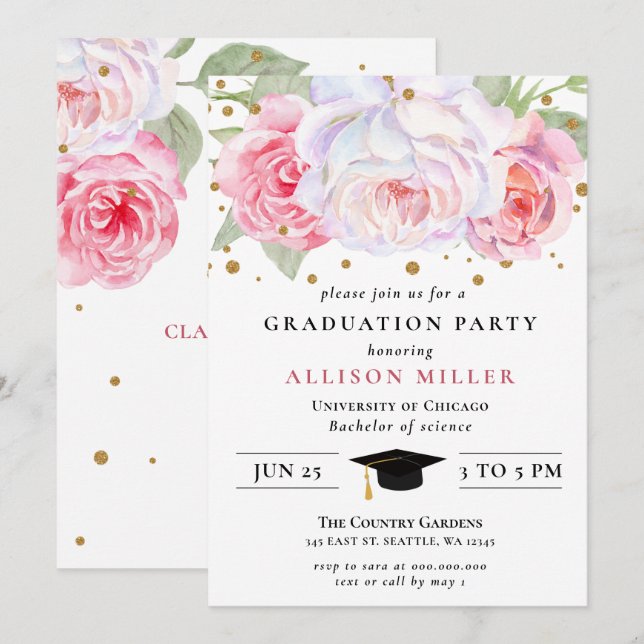 Invitation Bleu Rustique Or Floral Graduation Botanique (Devant / Derrière)