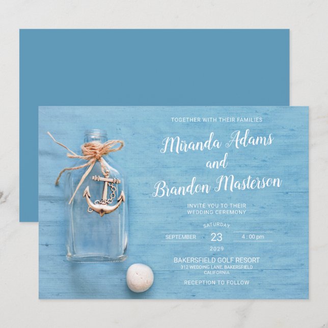 Invitation Bleu rustique, Petit Flacon, Ancre, Mariage plage (Devant / Derrière)